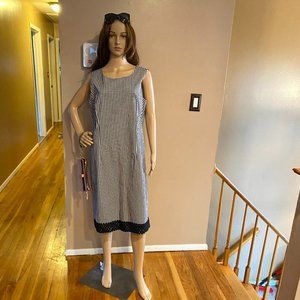 Talbots Black/White Check Sleeveless Dress W/Crocheted Trim Size 14
